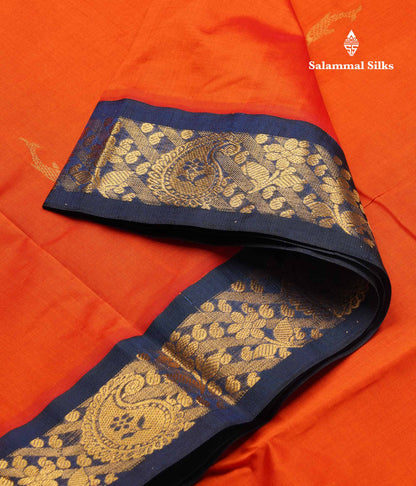 Orange 9.5 Yards Semi Silk Cotton Saree With Contrast Navy Blue Border