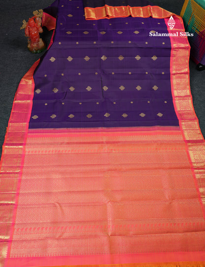 Beautiful Korvai Violet Pure Kanjivaram Silk Saree With Contrast Dual Tone Pinkish Orange Traditional Border