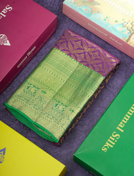 Purple Bridal Korvai Pure Kanjivaram Silk Saree With Contrast Green Border