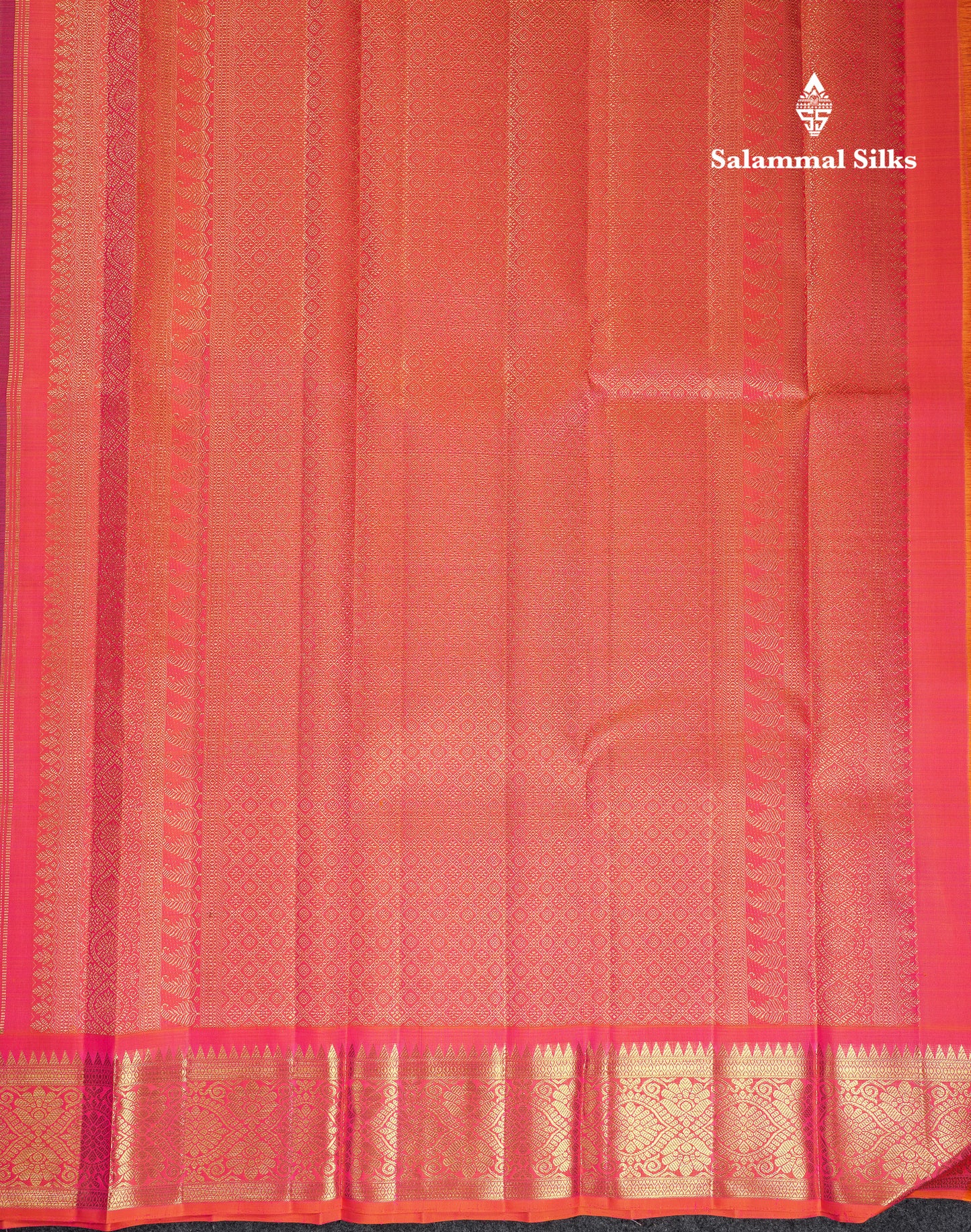 Beautiful Korvai Violet Pure Kanjivaram Silk Saree With Contrast Dual Tone Pinkish Orange Traditional Border