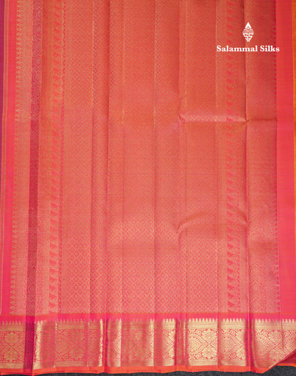 Beautiful Korvai Violet Pure Kanjivaram Silk Saree With Contrast Dual Tone Pinkish Orange Traditional Border