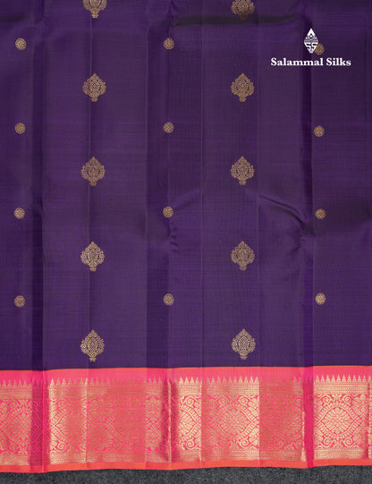 Beautiful Korvai Violet Pure Kanjivaram Silk Saree With Contrast Dual Tone Pinkish Orange Traditional Border