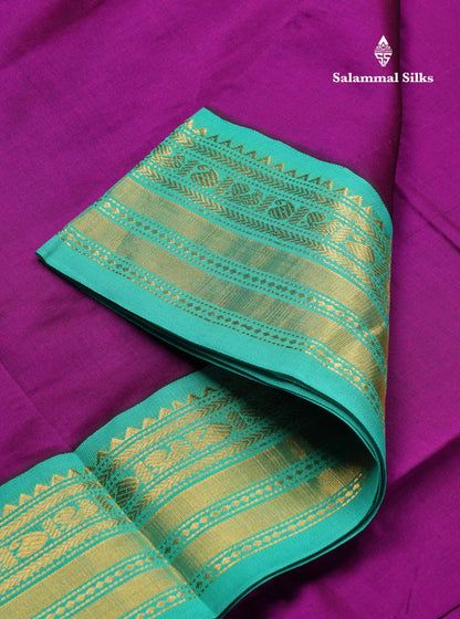 Beautiful Vadamalli Plain 9 Yards Semi Silk Cotton Saree With Contrast Sapphire Green Traditional Border