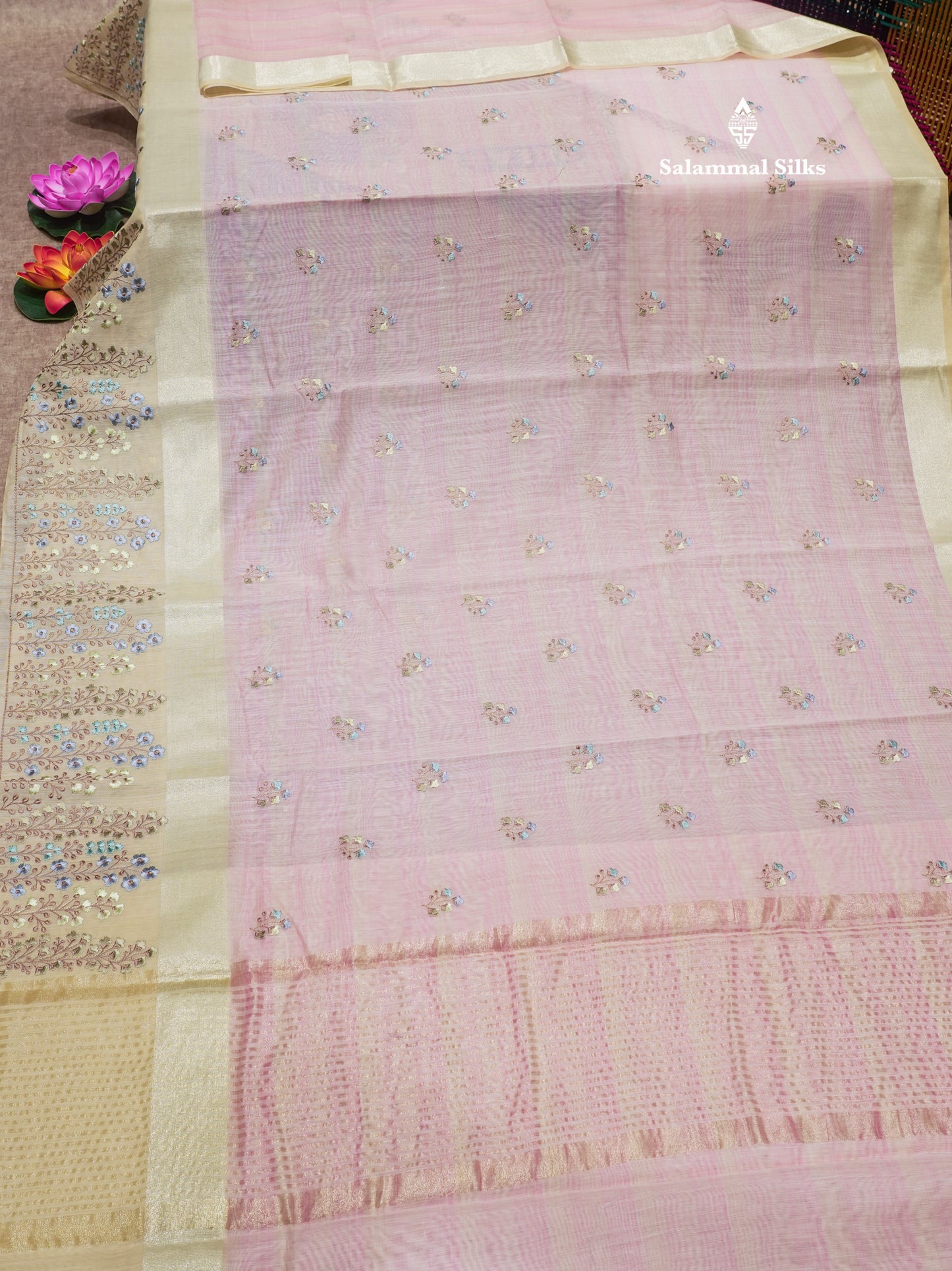 Beautiful Light Pink Linen Mix Saree With Contrast Sandal Embroidery Border