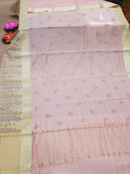 Beautiful Light Pink Linen Mix Saree With Contrast Sandal Embroidery Border