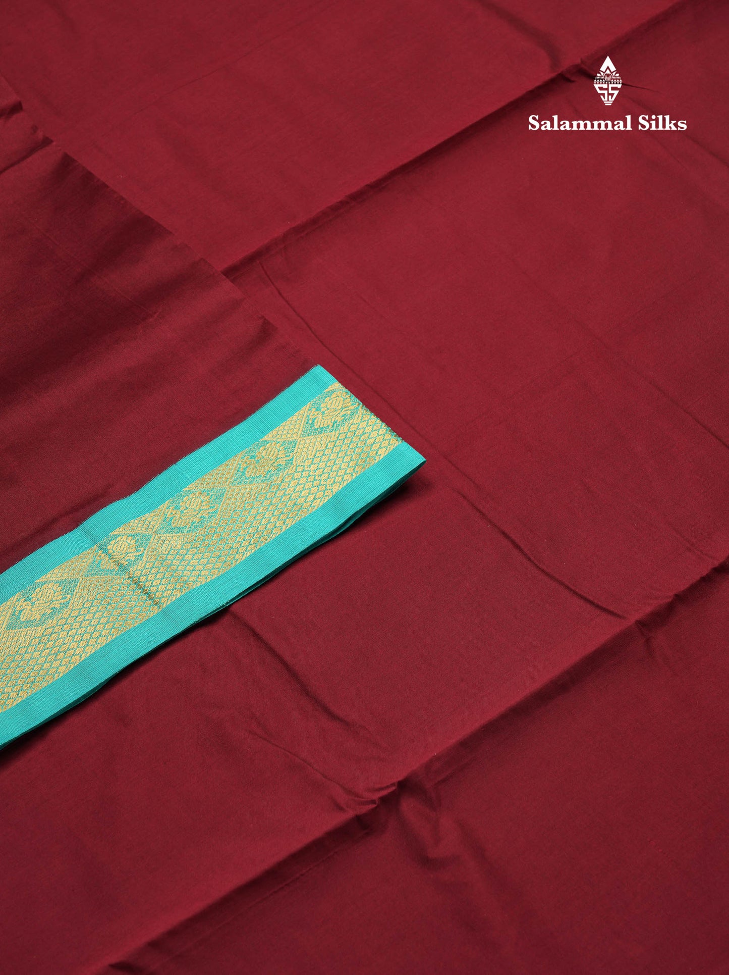 Beautiful Dark Maroon Plain 9 Yards Semi Silk Cotton Saree With Contrast Sapphire Green Traditional Border