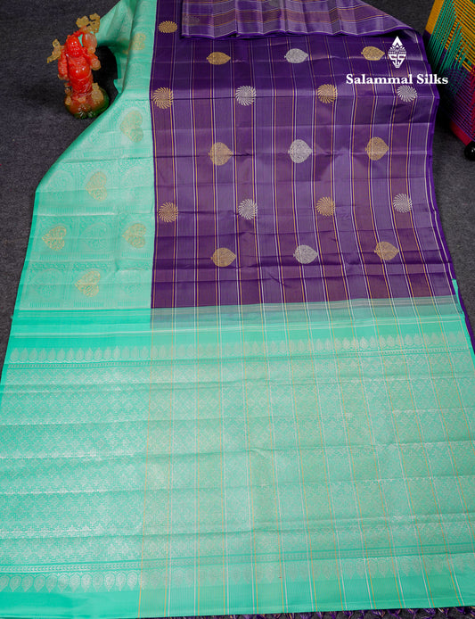 Beautiful Korvai Violet Gold & Silver Lines With Butta Pure Kanjivaram Silk Saree With Contrast Rexona Fancy One Side Border