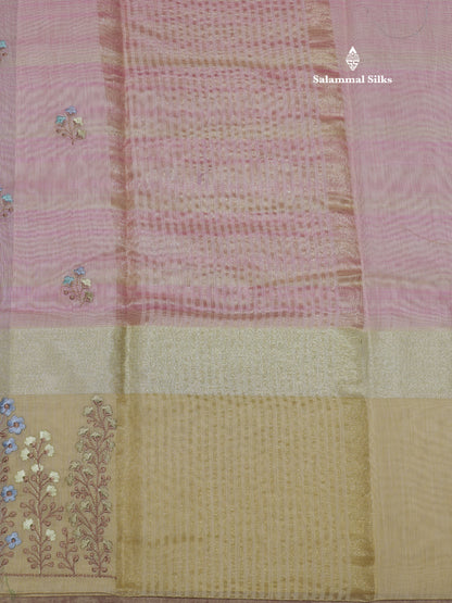 Beautiful Light Pink Linen Mix Saree With Contrast Sandal Embroidery Border