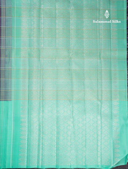 Beautiful Korvai Violet Gold & Silver Lines With Butta Pure Kanjivaram Silk Saree With Contrast Rexona Fancy One Side Border