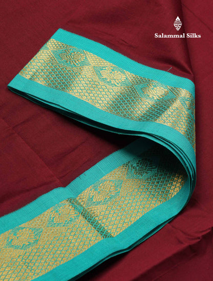 Beautiful Dark Maroon Plain 9 Yards Semi Silk Cotton Saree With Contrast Sapphire Green Traditional Border