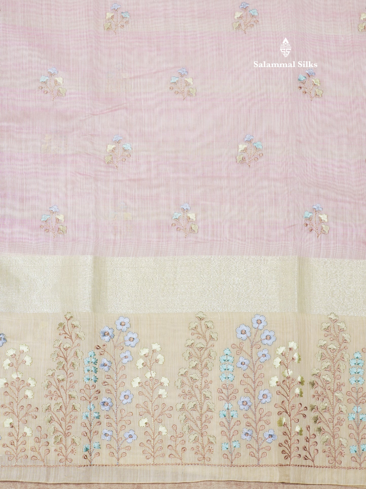 Beautiful Light Pink Linen Mix Saree With Contrast Sandal Embroidery Border