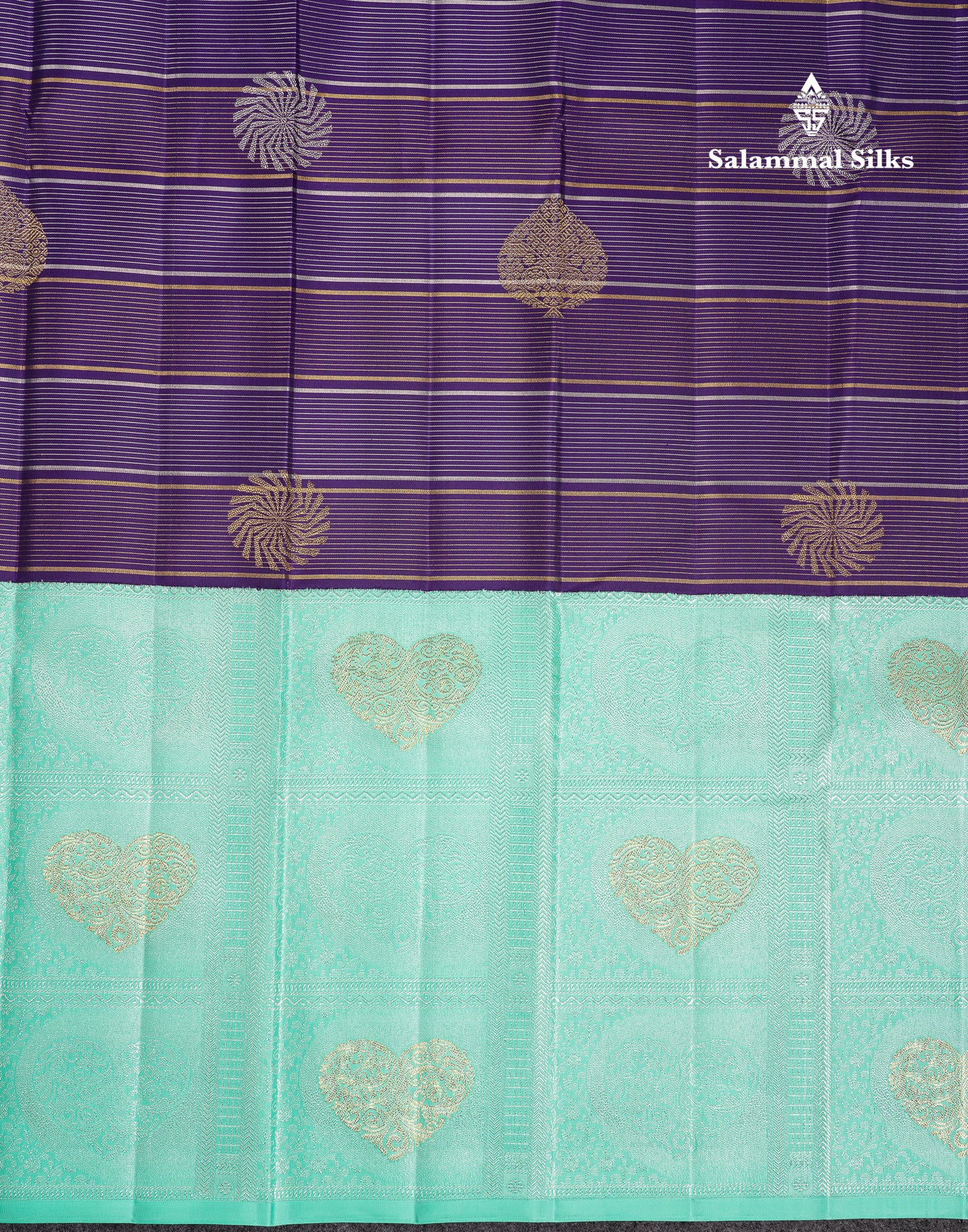 Beautiful Korvai Violet Gold & Silver Lines With Butta Pure Kanjivaram Silk Saree With Contrast Rexona Fancy One Side Border
