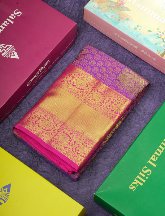 Kanjivaram Violet Pure Silk Jacquard Saree With Pink Blouse