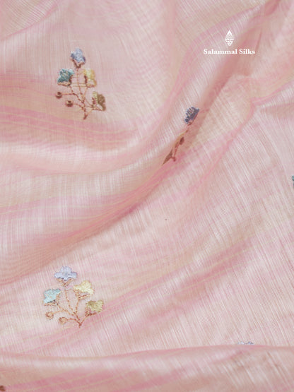 Beautiful Light Pink Linen Mix Saree With Contrast Sandal Embroidery Border