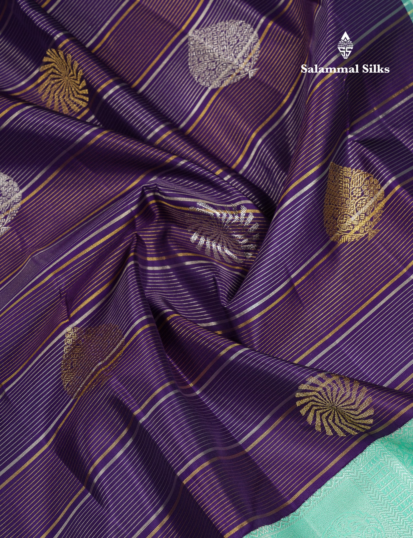 Beautiful Korvai Violet Gold & Silver Lines With Butta Pure Kanjivaram Silk Saree With Contrast Rexona Fancy One Side Border
