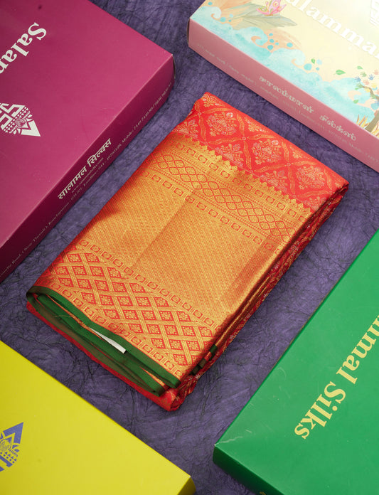 Tomato Red Color Pure Kanjivaram Silk Saree with Contrast Blouse