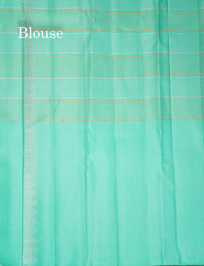 Beautiful Korvai Violet Gold & Silver Lines With Butta Pure Kanjivaram Silk Saree With Contrast Rexona Fancy One Side Border