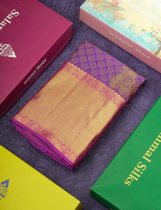 Kanjivaram Violet Pure Silk Jacquard Saree With  Pink Blouse
