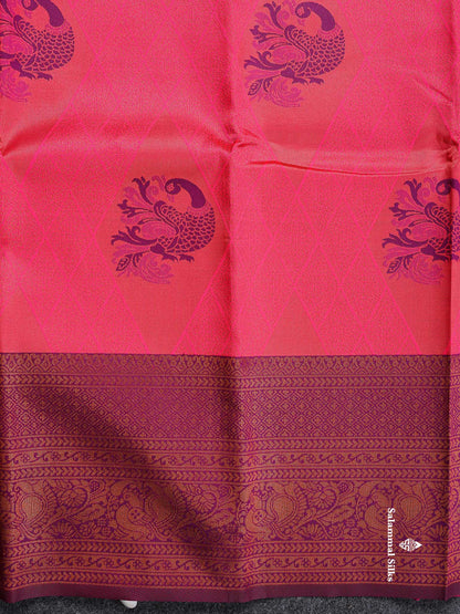 Semi Silk Saree - Pinkish Peach Colour Body With Contrast Magenta Traditional Evening Morning Border