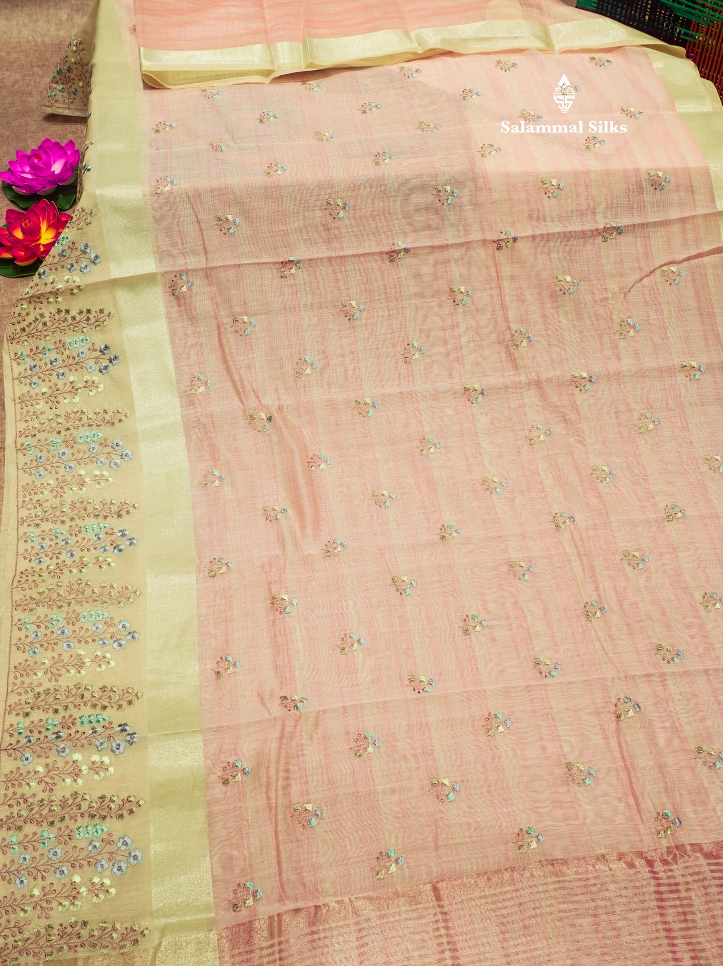 Beautiful Light Pink Linen Mix Saree With Contrast Sandal Embroidery Border
