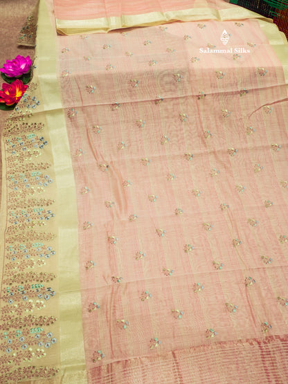 Beautiful Light Pink Linen Mix Saree With Contrast Sandal Embroidery Border
