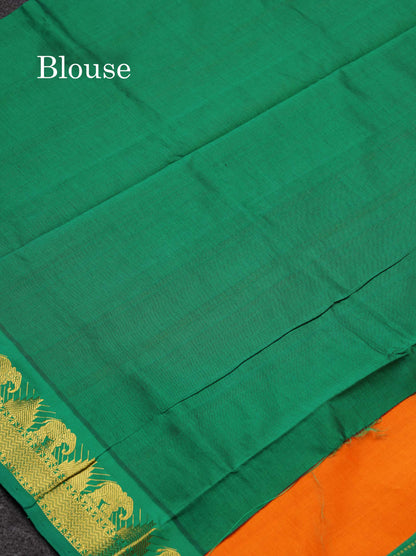 Beautiful Mango Yellow Semi Silk Cotton Saree With Bottle Green Traditional Border