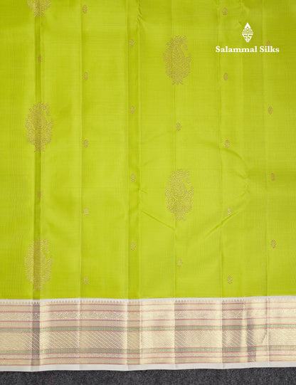 Beautiful Korvai Parrot Green Pure Kanjivaram Silk Saree With Contrast Cream White Traditional Border
