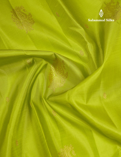 Beautiful Korvai Parrot Green Pure Kanjivaram Silk Saree With Contrast Cream White Traditional Border