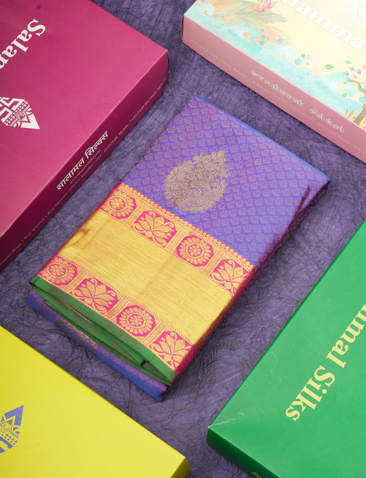 Kanjivaram Violet Pure Silk Jacquard Saree With Pink Blouse
