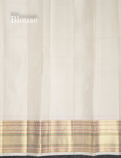 Beautiful Korvai Parrot Green Pure Kanjivaram Silk Saree With Contrast Cream White Traditional Border