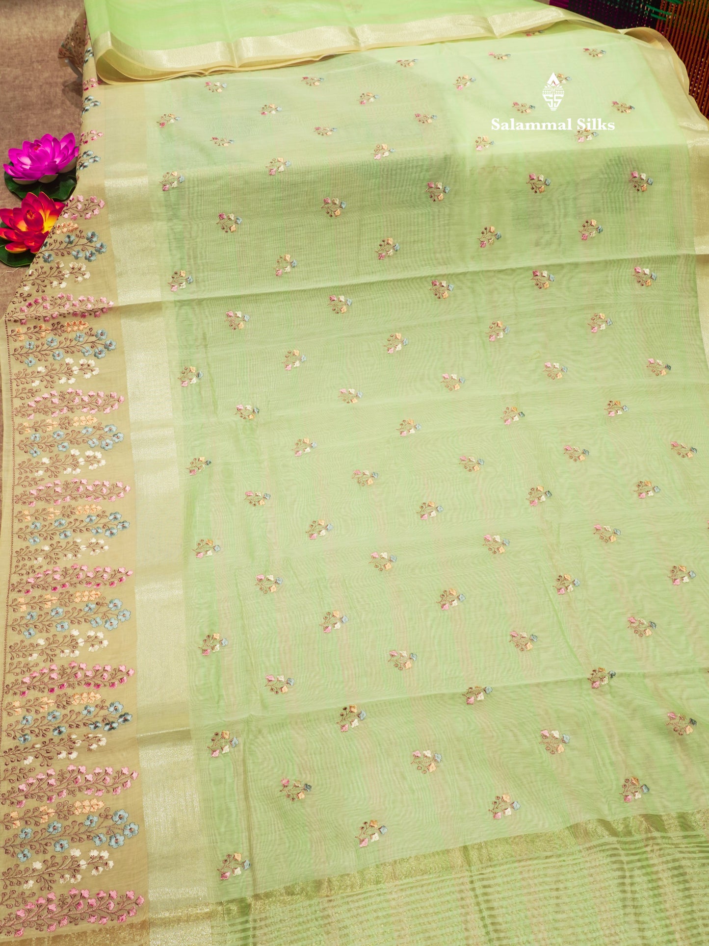 Beautiful Light Pink Linen Mix Saree With Contrast Sandal Embroidery Border