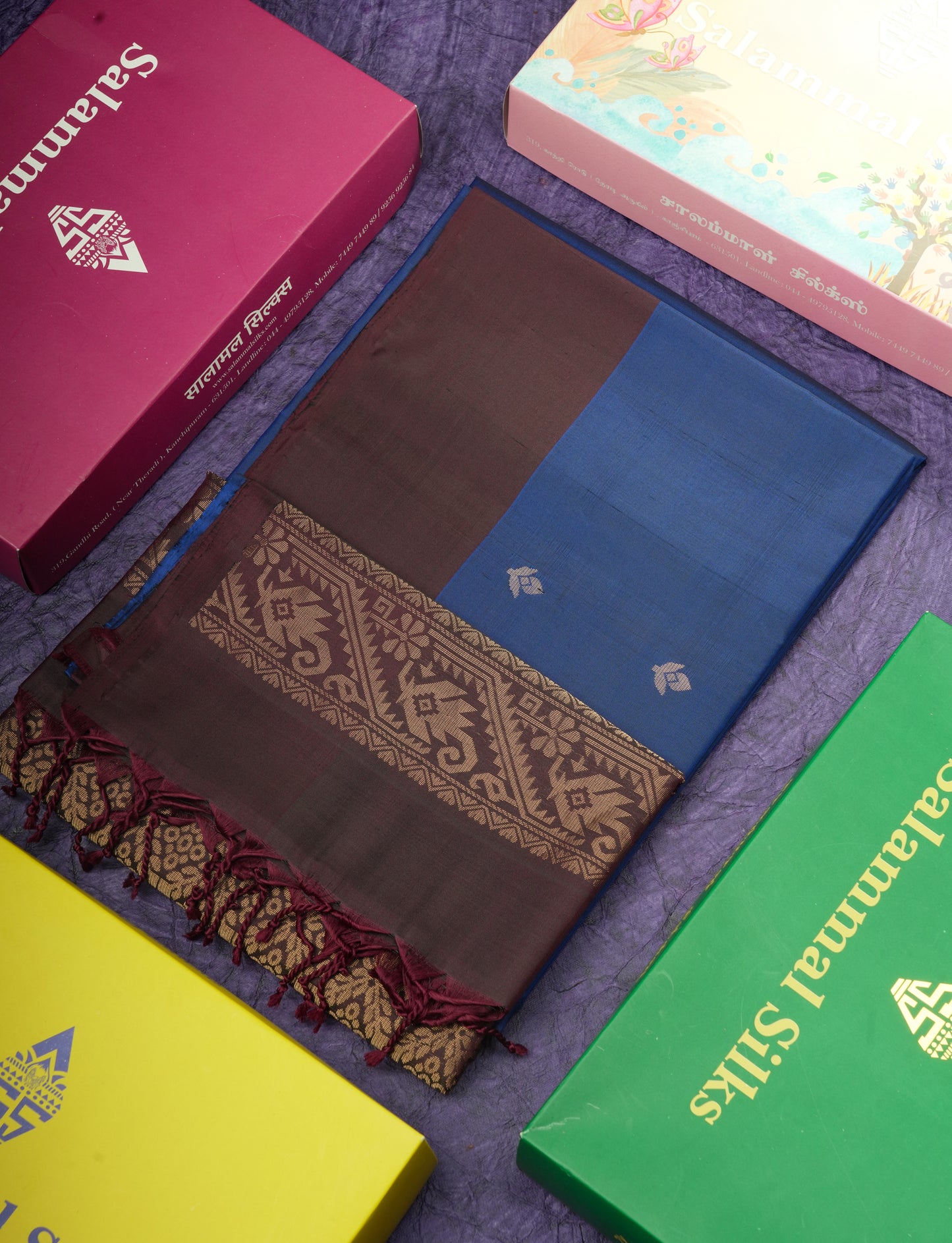 Beautiful Dual Tone Navy Blue Pure Soft Silk Saree With Contrast Dark Brown Border