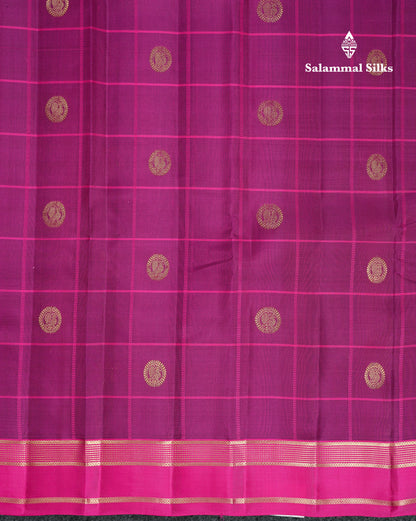 Beautiful Bottle Green Checks With Butta Pure Kanjivaram Silk Saree With Contrast Magenta Traditional Medium Gap Border