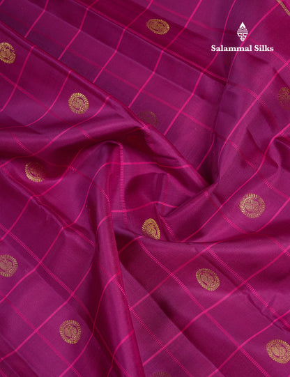 Beautiful Bottle Green Checks With Butta Pure Kanjivaram Silk Saree With Contrast Magenta Traditional Medium Gap Border