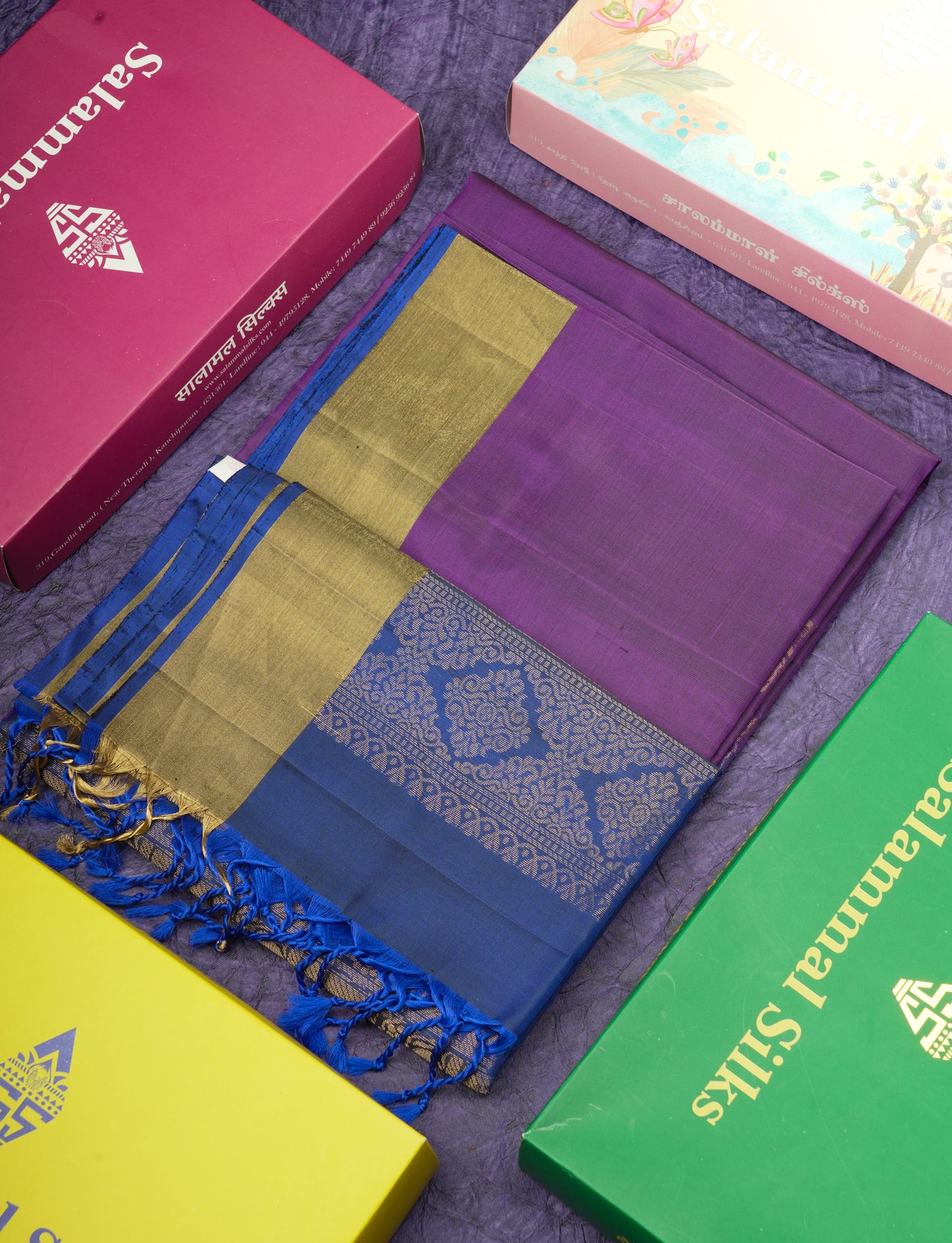 Beautiful Purple Pure Kanjivaram Soft Silk Saree With Contrast Royal Blue Blouse