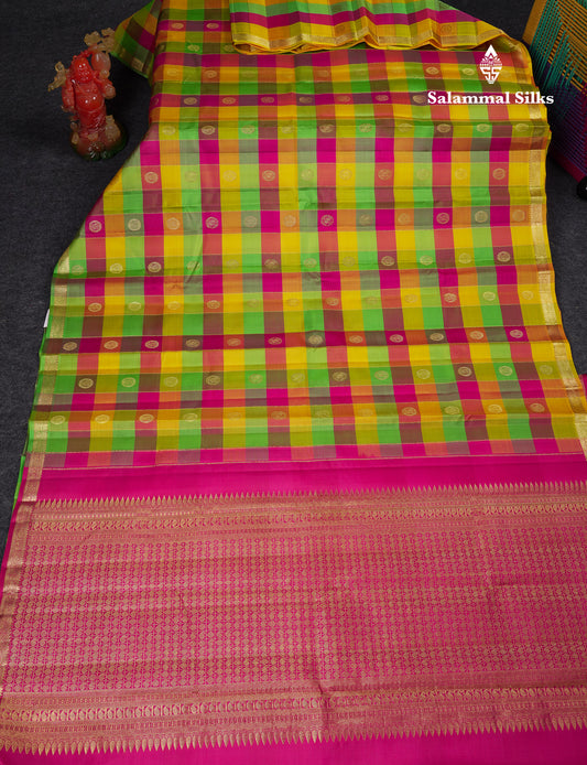 Beautiful Paalum Pazham Checks With Butta Pure Kanjivaram Silk Saree With Contrast Pink Blouse