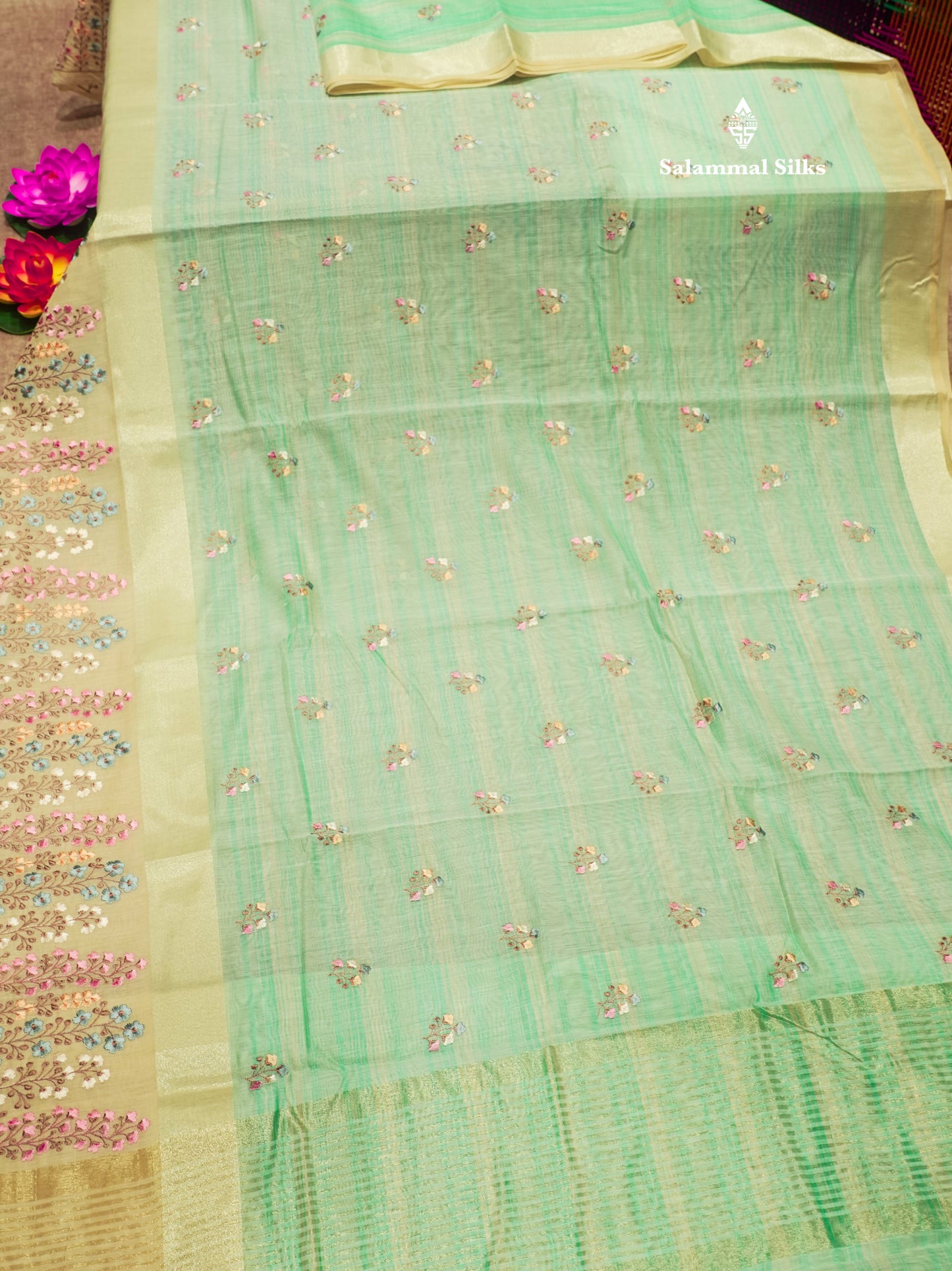 Beautiful Light Pink Linen Mix Saree With Contrast Sandal Embroidery Border