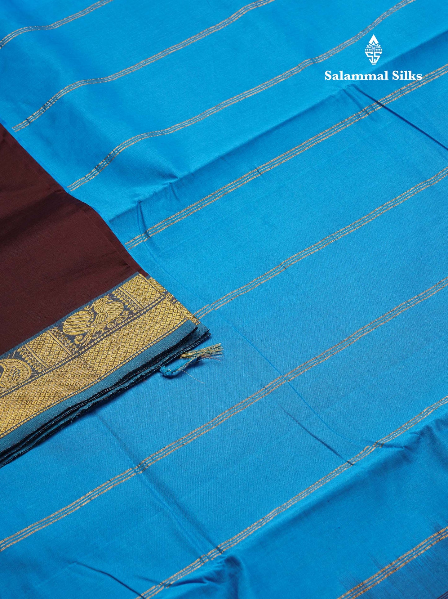 Beautiful Dark Brown Plain 10 Yards Semi Silk Cotton Saree With Contrast Blue Traditional Border