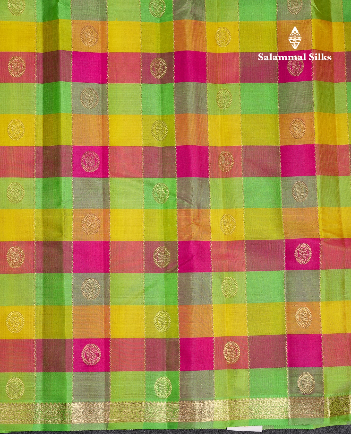 Beautiful Paalum Pazham Checks With Butta Pure Kanjivaram Silk Saree With Contrast Pink Blouse