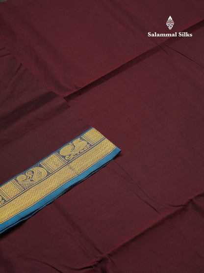 Beautiful Dark Brown Plain 10 Yards Semi Silk Cotton Saree With Contrast Blue Traditional Border