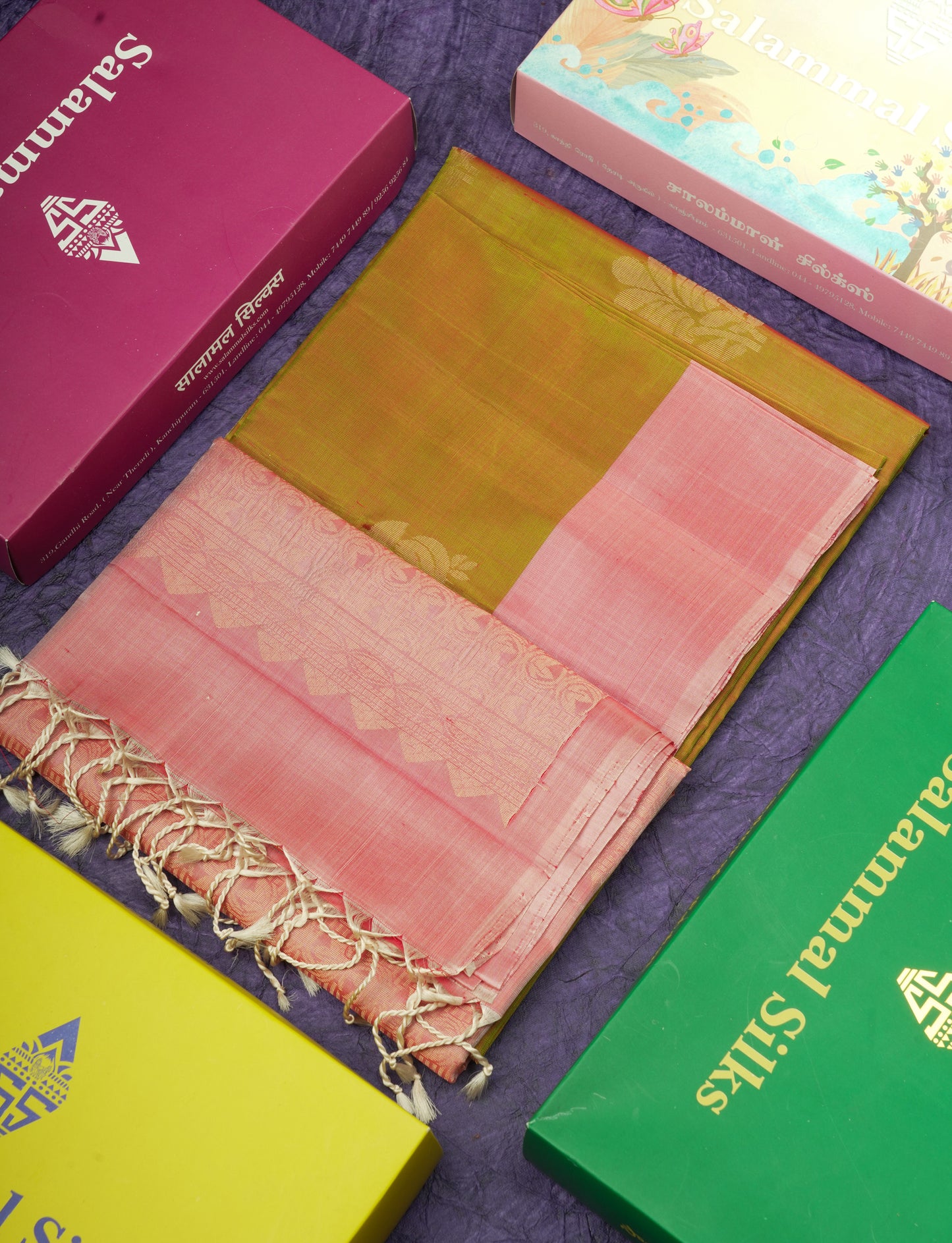 Beautiful Dual Tone Mustard Yellow Pure Kanjivaram Soft Silk Saree With Contrast Baby Pink Border