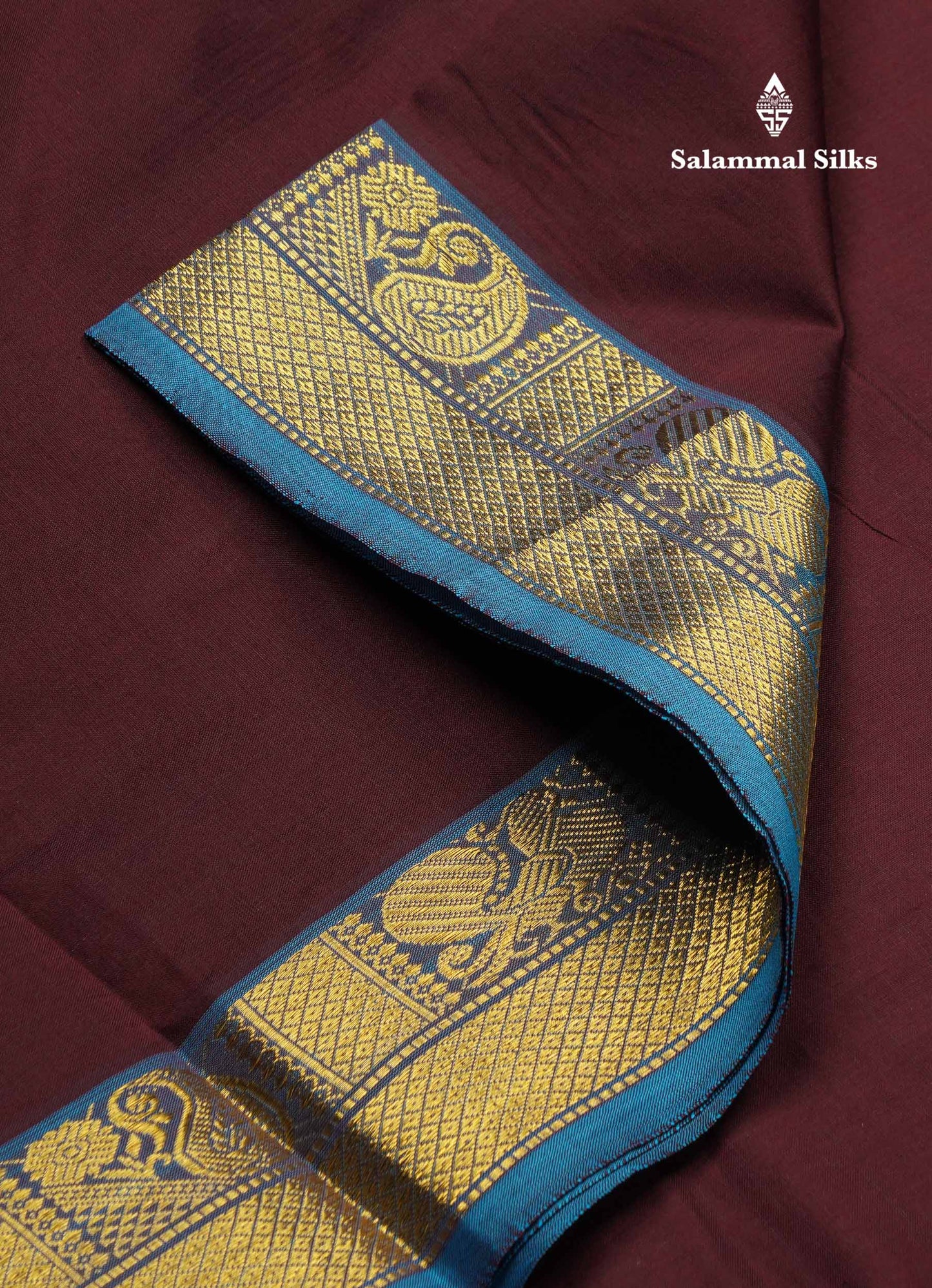 Beautiful Dark Brown Plain 10 Yards Semi Silk Cotton Saree With Contrast Blue Traditional Border