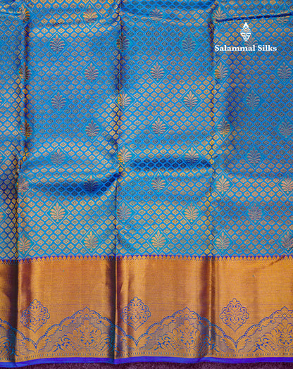 Beautiful Blue Bridal Pure Kanjivaram Silk Saree With Contrast Violet Blouse