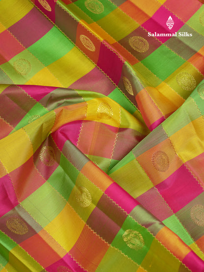 Beautiful Paalum Pazham Checks With Butta Pure Kanjivaram Silk Saree With Contrast Pink Blouse