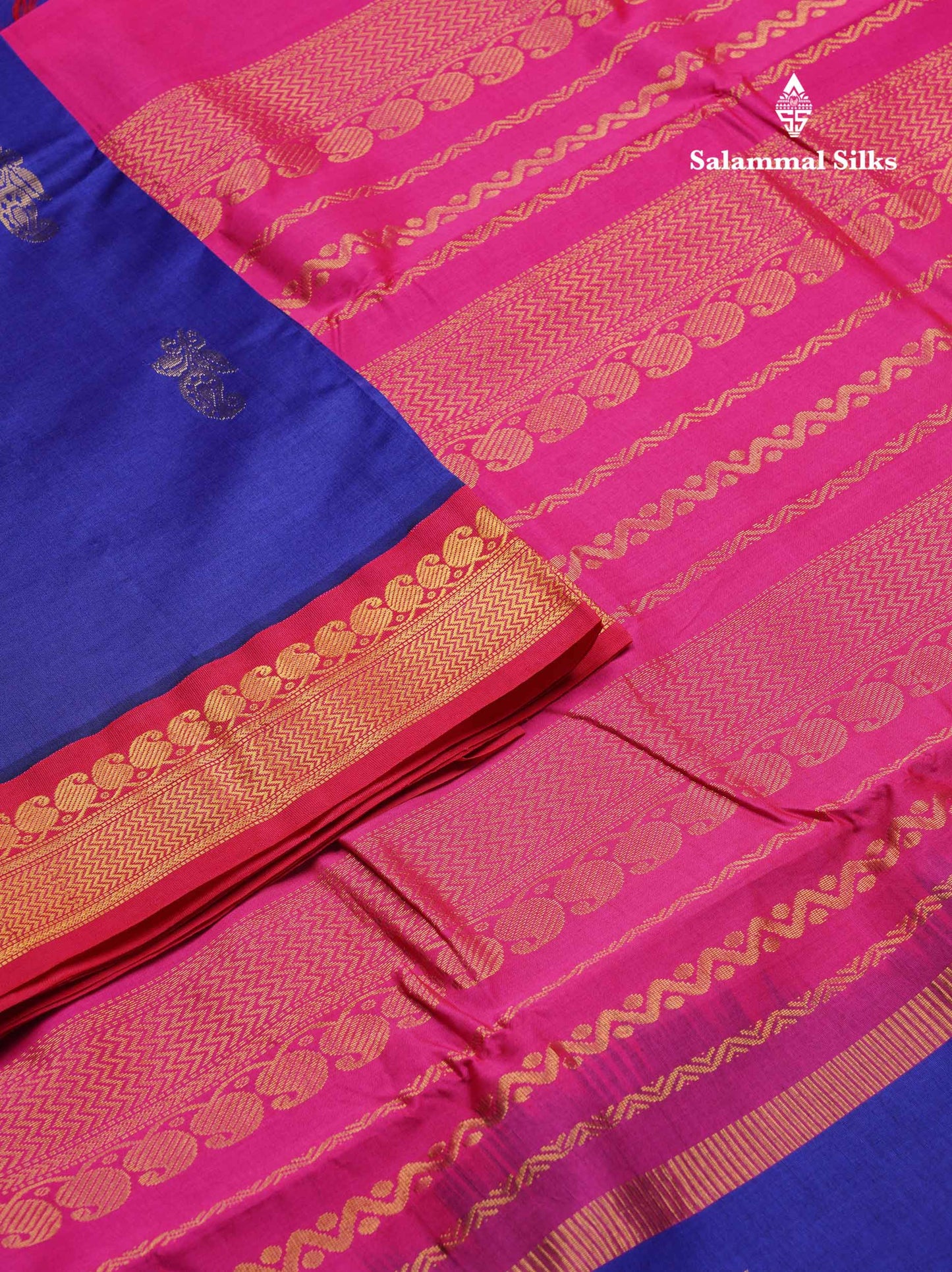 Beautiful Navy Blue 9 Yards Semi Silk Cotton Saree With Contrast Pink Traditional Border
