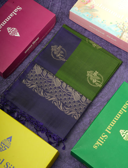 Beautiful Army Green Pure Kanjivaram Soft Silk Saree With Contrast Navy Blue Border
