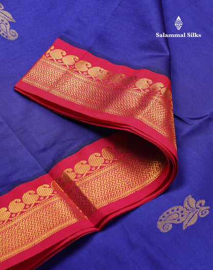 Beautiful Navy Blue 9 Yards Semi Silk Cotton Saree With Contrast Pink Traditional Border