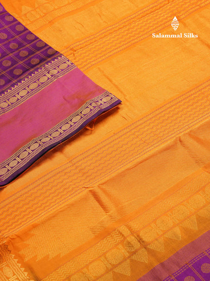 Beautiful Violet Thread Checks And Buttas Semi Silk Cotton Saree With Contrast Mustard Yellow Traditional Double Border