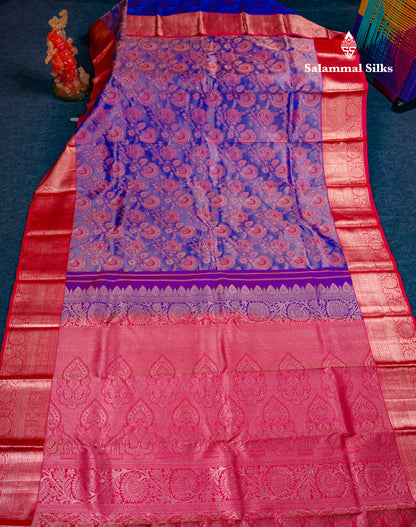Beautiful Violet Bridal Pure Kanjivaram Silk Saree With Contrast Chilly Red Border