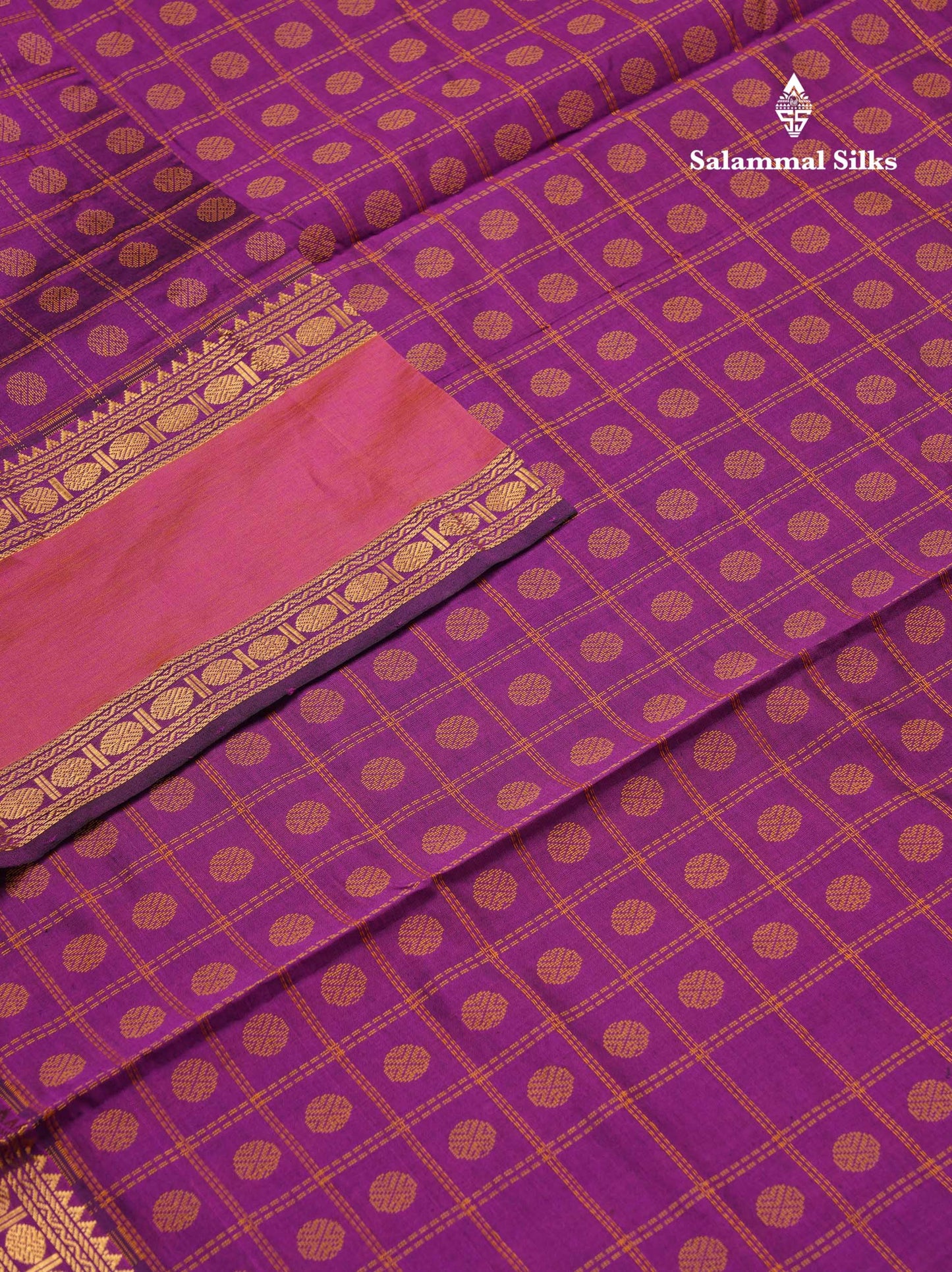 Beautiful Violet Thread Checks And Buttas Semi Silk Cotton Saree With Contrast Mustard Yellow Traditional Double Border